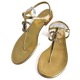 Chanel T-strap Tong Leather Sandals Gold Golden