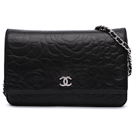 Chanel-Chanel Black Lambskin Camellia Embossed Wallet On Chain-Black