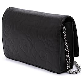 Chanel-Chanel Black Lambskin Camellia Embossed Wallet On Chain-Black