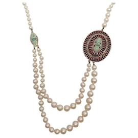 Chanel-CHANEL NECKLACE LONG PEARLS AND GRIPOIX PATTERN 90-95 CM 2014 PEARLS NECKLACE-Cream