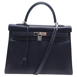 Hermès-SAC A MAIN HERMES KELLY II 35 SELLIER EN CUIR BOX BLEU 2003 BANDOULIERE HAND BAG-Bleu Marine