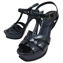 Yves Saint Laurent-YVES SAINT LAURENT TRIBUTE SANDALS 39 BLUE PATENT LEATHER SHOES-Blue
