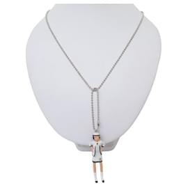 Chanel-CHANEL NECKLACE COCO FIGURINE PENDANT WHITE CHAIN 78CM METAL + NOTEBOOK-White