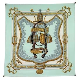 Hermès-VINTAGE HERMES BRIDE DE COUR PERRIERE 90 SILK BLUE SCARF-Blue