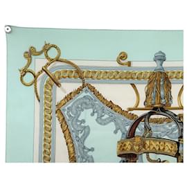 Hermès-VINTAGE HERMES BRIDE DE COUR PERRIERE 90 SILK BLUE SCARF-Blue