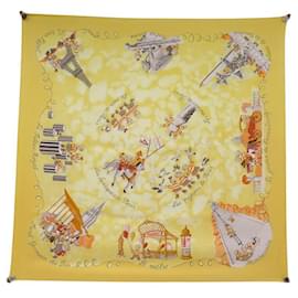 Hermès-RARE HERMES SCARF LES TRIPLES NICOLE LAMBERT 90 CM YELLOW SILK SCARF-Yellow