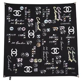 SCHAL CHANEL CAMELIA LOGO CC CAMBON QUADRAT 90 AUS SCHWARZEM SEIDENTWILL Schwarz
