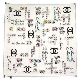 BUFANDA DE SEDA TWILL CHANEL CAMELIA LOGO CC CAMBON 90 Blanco