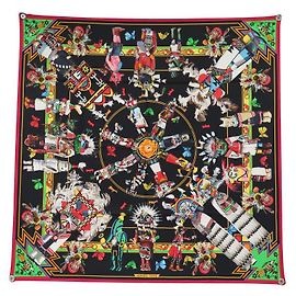 Hermès SCARF HERMES KACHINAS KERMIT OLIVER 90 NERO SETA + SCATOLA Multicolore