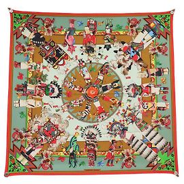 Hermès FULAR HERMES KACHINAS KERMIT OLIVER 90 SETA MULTICOLOR Multicolore