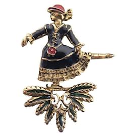 Hermès-VINTAGE HERMES BROOCH PATINEUSE IN GOLDEN METAL AND ENAMEL + ENAMEL BOX-Golden