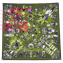 Hermès-HERMES KACHINAS KERMIT OLIVER 90 SILK SCARF BRICK-Multiple colors