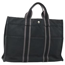 Hermès-HERMES Fourre Tout MM Sac à Main Toile Noir Argent Auth 125123-Noir,Argenté