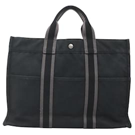 Hermès-HERMES Fourre Tout MM Sac à Main Toile Noir Argent Auth 125123-Noir,Argenté
