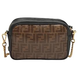 Fendi-Sac à bandoulière en toile Zucca FENDI chaîne marron noir or Auth 122115-Marron,Noir,Doré