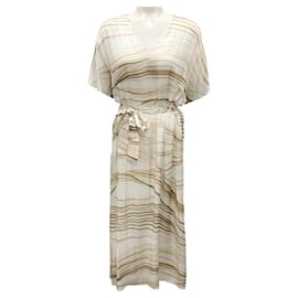 Peserico-Peserico Easy White / Brown Short Sleeved Belted Midi Dress-White