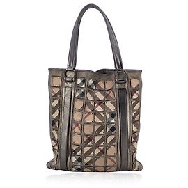 Burberry Metallic Leather Nova Check Canvas Brooke Warrior Tote Bag Beige