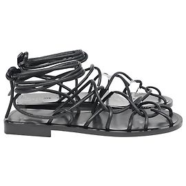 Khaite Lyon Lace-Up Flat Sandals in Black Leather Black