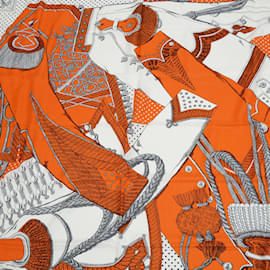 Hermès-Hermes Carre 140 Scarf/Muffler Geant Shawl Zouaves and Dragons-Brown,White,Orange