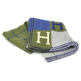 Hermès-Couverture Hermes Plaid Avalon 3-Bleu,Kaki