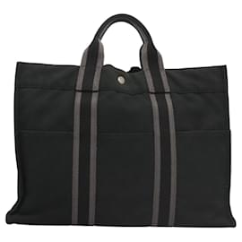 Hermès-HERMES Fourre Tout MM Sac à Main Toile Noir Argent Auth ti3098-Noir,Argenté