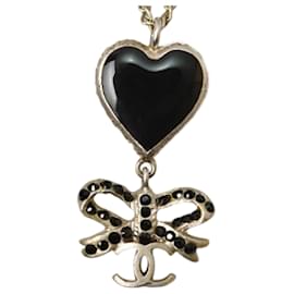 Chanel-Chanel Coco CC Heart Ribbon Pendant Necklace-Black,Silvery