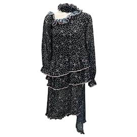 Autre Marque-Sandy Liang Black / Pink Floral Printed Ruffled Chiffon Dress-Black