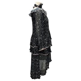 Autre Marque-Sandy Liang Black / Pink Floral Printed Ruffled Chiffon Dress-Black