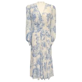 Oscar de la Renta-Oscar de la Renta White / Blue Floral Chiffon Dress-Blue