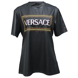 T-Shirt aus schwarzem Polyester mit Versace-Logo-Druck Schwarz