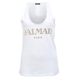 Balmain Logo Printed Tank Top in White Cotton White