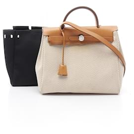 Hermès-Sac à main en cuir Hermes Herbag PM Toil GM 2 en 1-Blanc