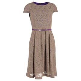 Max Mara- Max Mara Belted Lace Midi Dress in Brown Polyester-Brown,Red