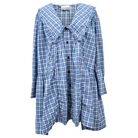 Ganni-Ganni Checked Seersucker Mini Shirt Dress in Blue Cotton-Other