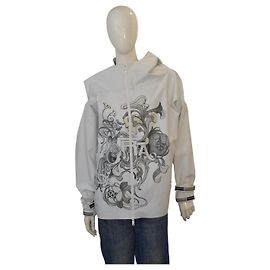 Veste trench imprimée PRADA gris clair imperméable coupe-vent avec capuche taille 44 Gris