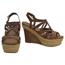 Miu Miu Brown Leather Jute Wedge Heel Sandal Platform Shoes Espadrilles SZ 39 Brown