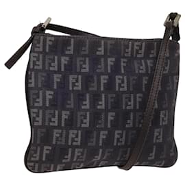 Fendi-Sac à bandoulière en toile Zucchino FENDI Navy Argent Auth 124994-Argenté,Bleu Marine