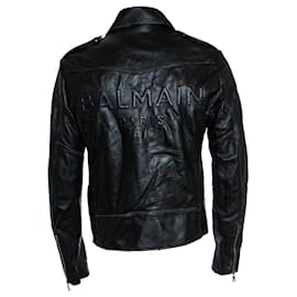 Balmain-Balmain, Black leather biker jacket with zippers and logo-Black