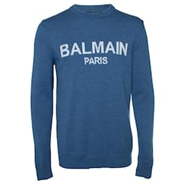 Balmain-Balmain, Logo merino knit jumper in blue-Blue
