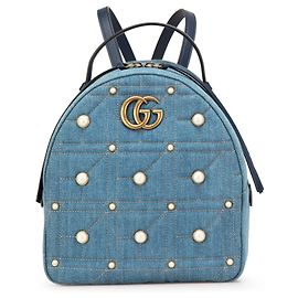 Gucci Blaue Kleine GG Marmont Perlen Denim Rucksack Blau Andere