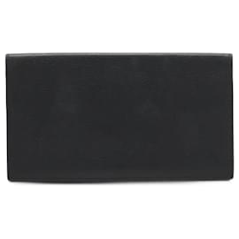Hermès-Hermes Leather Silk Long Wallet Black-Black