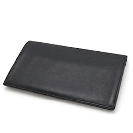 Hermès-Hermes Leather Silk Long Wallet Black-Black