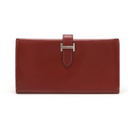 Hermès-Hermes Leather Bearn Classic Wallet Red-Red