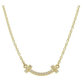 Tiffany & Co-Tiffany & Co T Smile Mini Pendant Necklace K18YG Diamond-Golden,Metallic