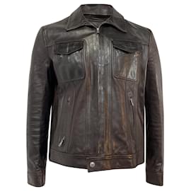 Gucci-Gucci Biker Zipper Jacket in Brown Leather -Brown,Red