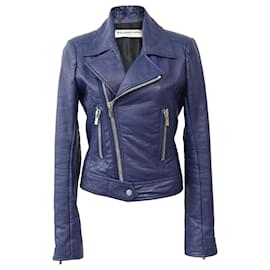 Balenciaga-Balenciaga Zipped Biker Jacket in Navy Blue Leather-Blue,Navy blue