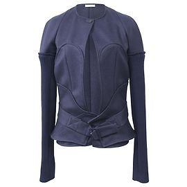 Victoria Beckham Belted Knitted Sleeve Blazer in Navy Blue Wool Blue Navy blue