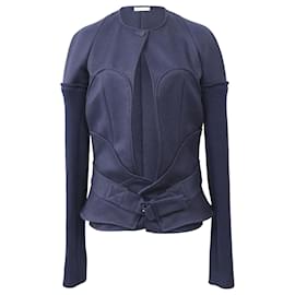 Victoria Beckham- Victoria Beckham Belted Knitted Sleeve Blazer in Navy Blue Wool-Blue,Navy blue