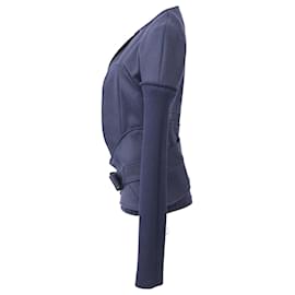 Victoria Beckham- Victoria Beckham Belted Knitted Sleeve Blazer in Navy Blue Wool-Blue,Navy blue