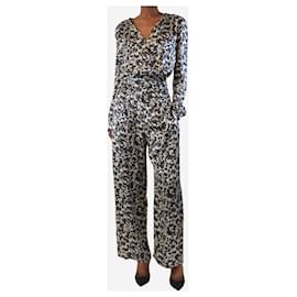 Autre Marque-Navy blue and beige silk floral printed jumpsuit - size UK 6-Blue
